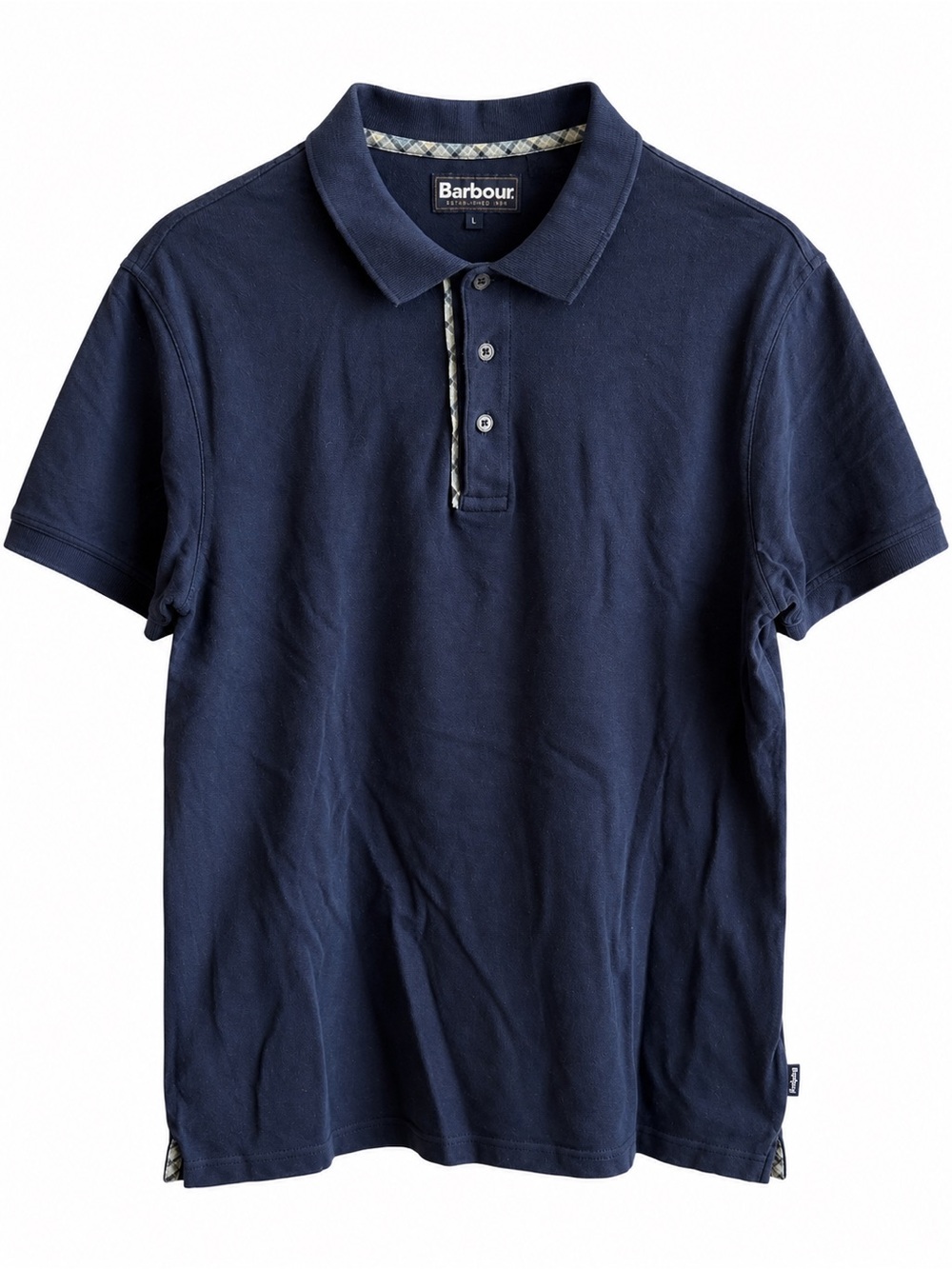 Barbour Men's Navy Blue Tartan Trim Tailored Fit Polo Cotton Shirt Size L